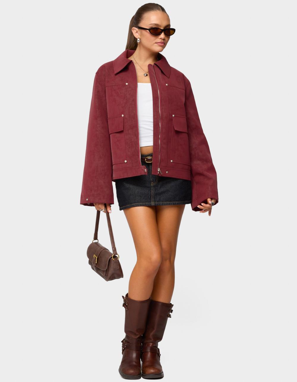 EDIKTED Annabelle Oversized Faux Suede Jacket - DK RED