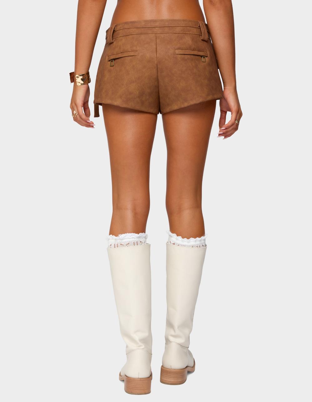 EDIKTED Washed Faux Leather Micro Cargo Shorts - KHAKI