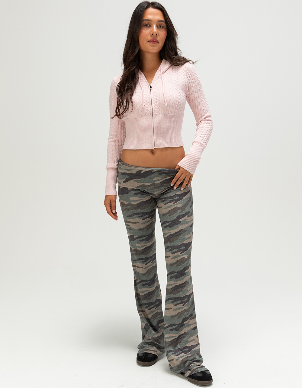 RSQ Womens Cable Knit Zip-Up Hooded Sweater - LIGHT PINK