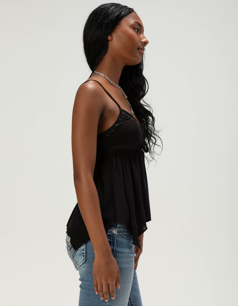 MADDEN GIRL Embroidered Womens Babydoll Top - BLACK