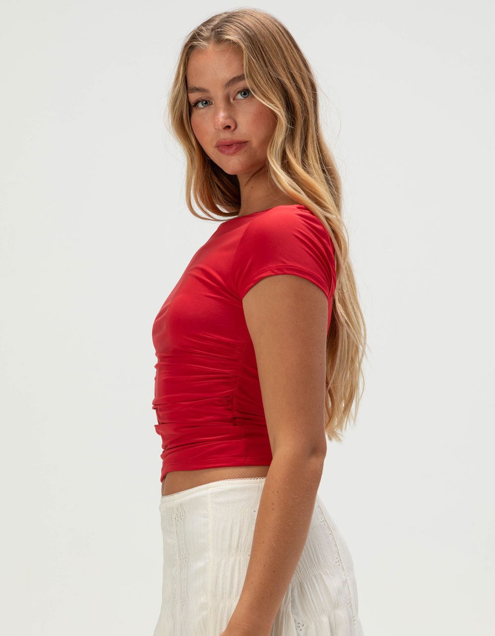 TILLYS Butter Soft Womens Cinch Side Tee - RED