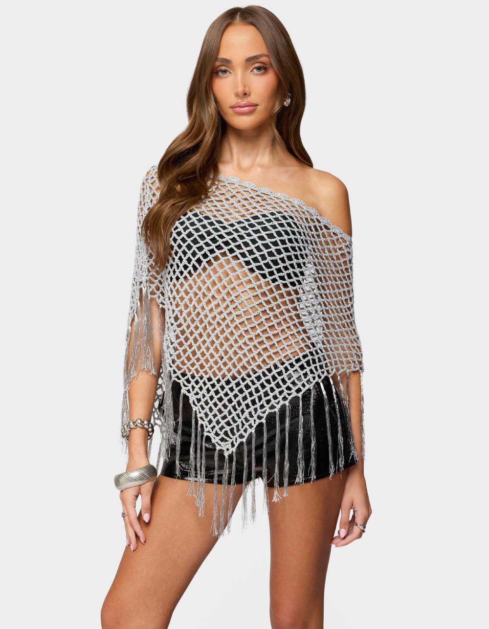 EDIKTED Evette Fringe Open Knit Metallic Poncho - SILVER