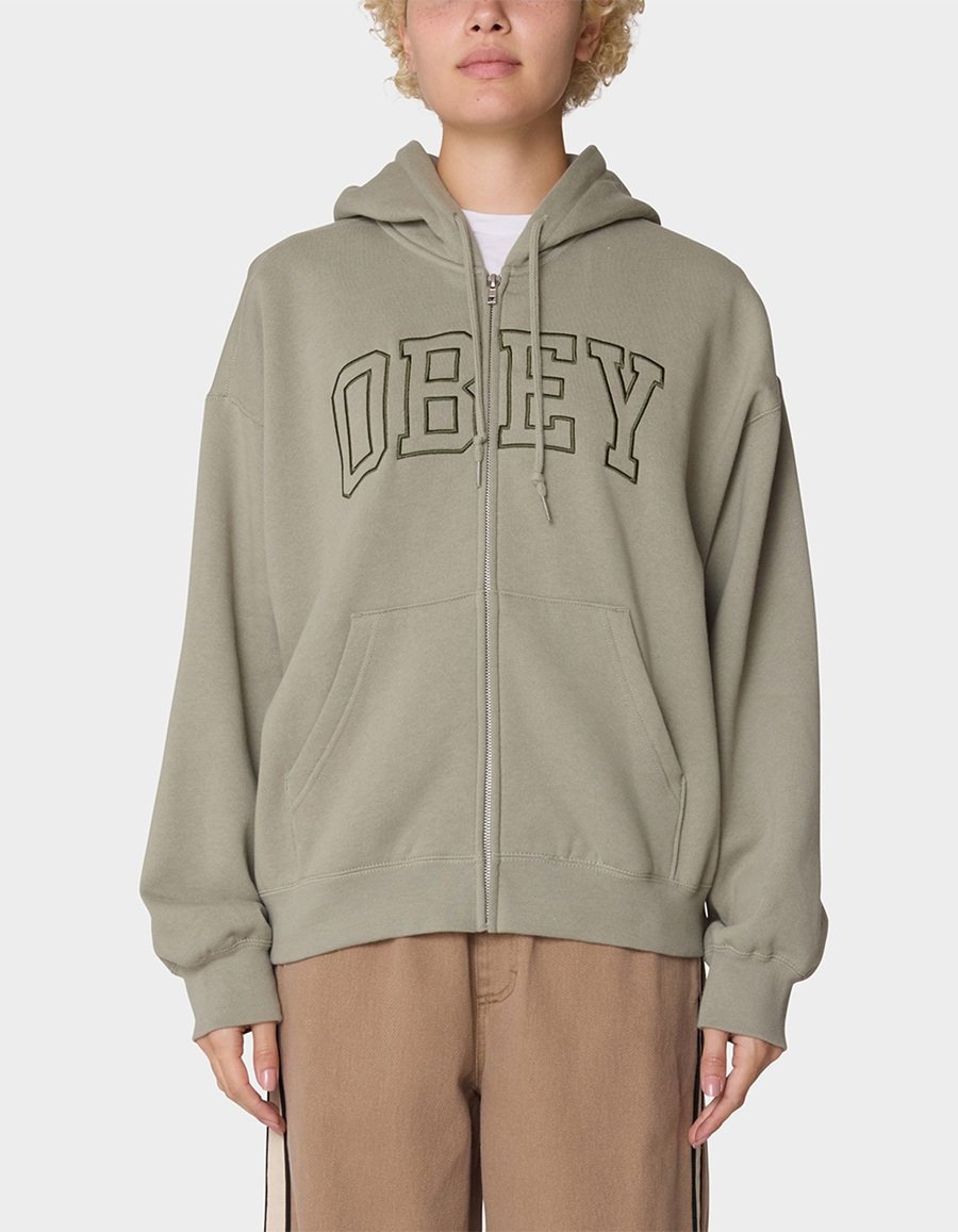 OBEY Collegiate Baggy Relaxed Zip Up Womens Hoodie - GRAY