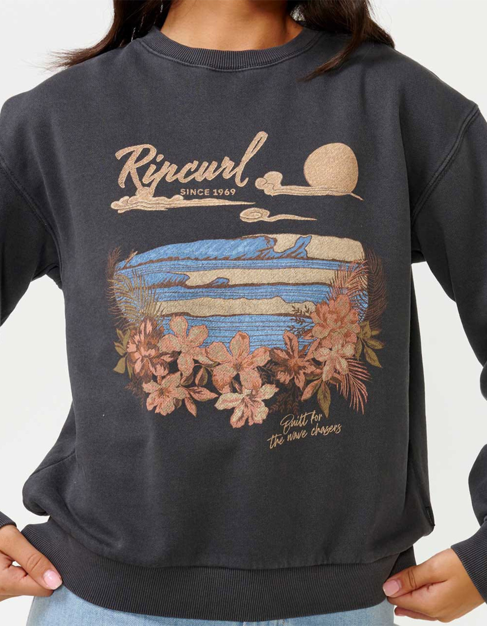 RIP CURL Wave Gliders Womens Relaxed Crewneck Sweatshirt - WASHED BLACK