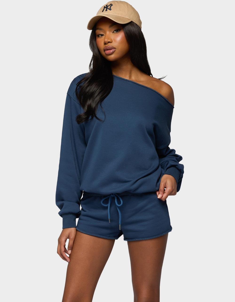 EDIKTED Juana Off Shoulder Lightweight Sweatshirt - NAVY