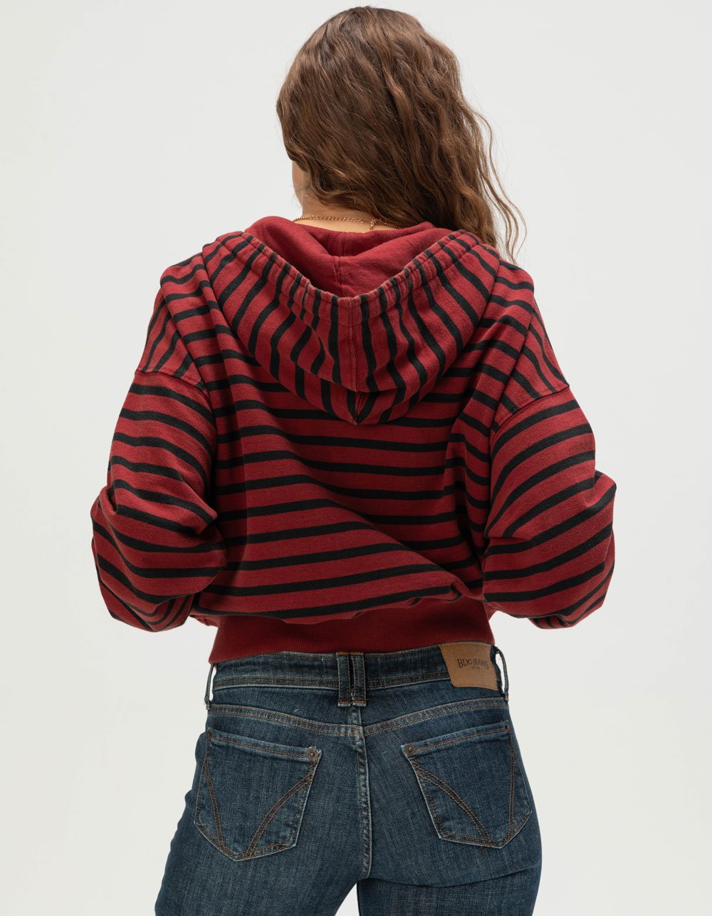 BDG Urban Outfitters Womens Stripe Zip-Up Hoodie - RED COMBO
