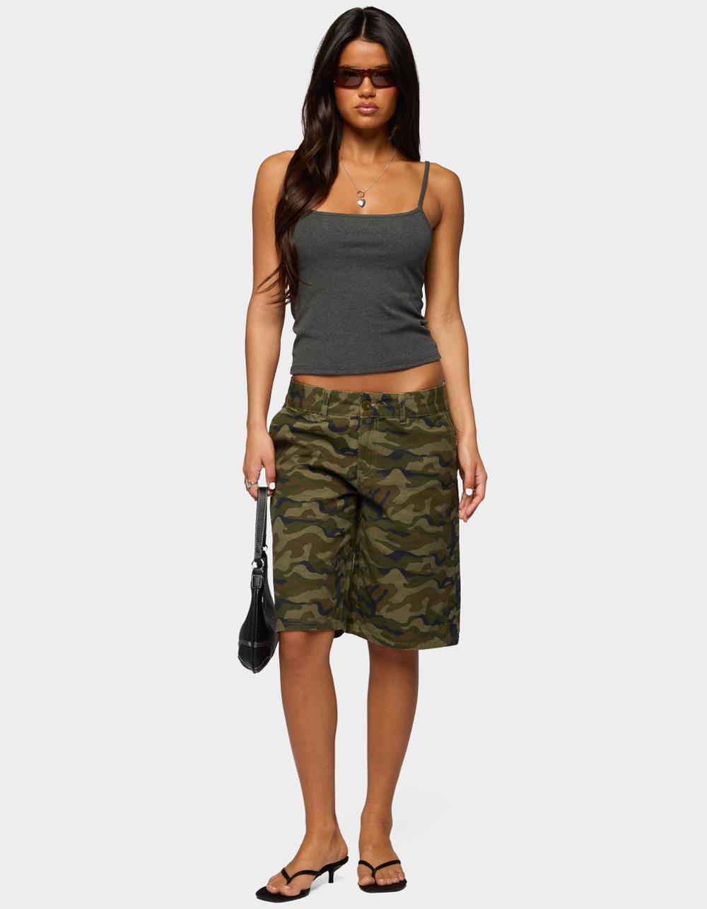 EDIKTED Camo Denim Low Rise Bermuda Shorts - DK GREEN