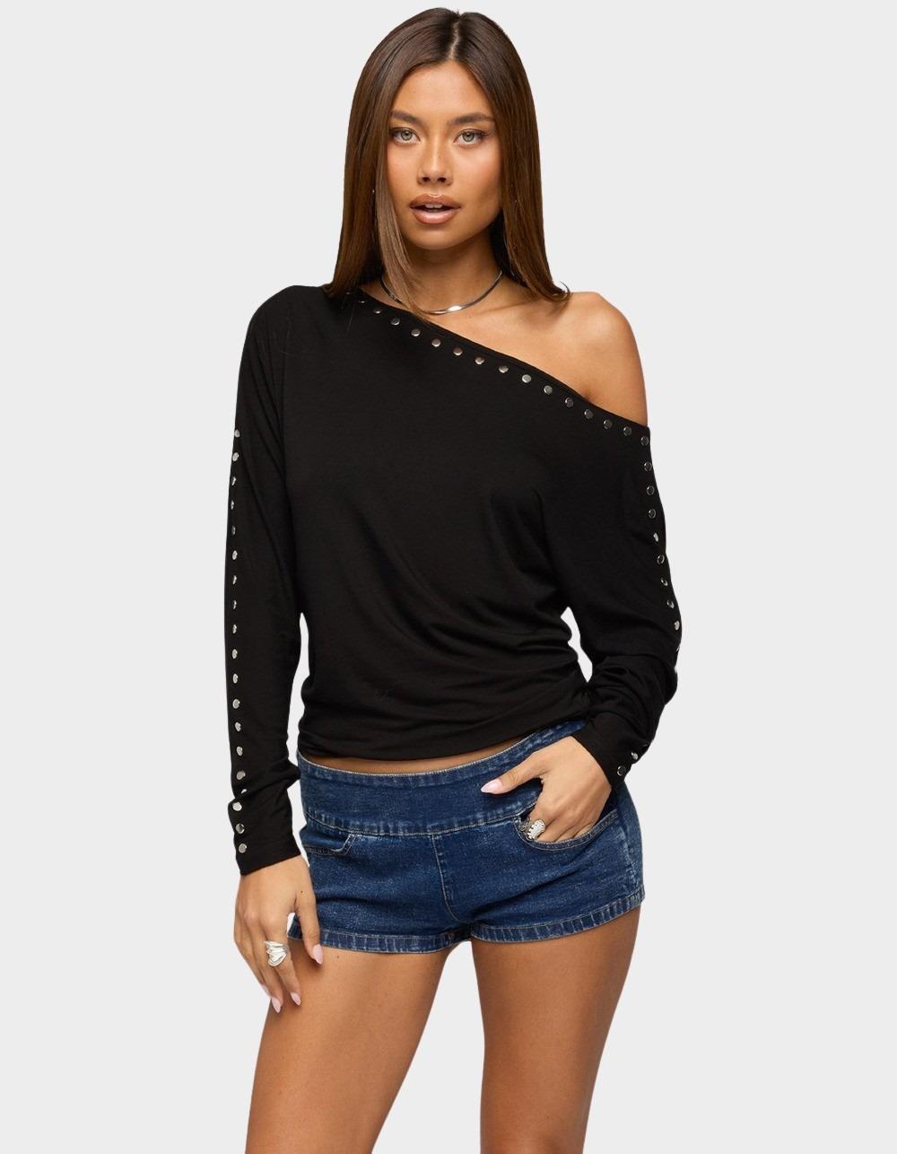 EDIKTED Paola Off Shoulder Stud Top - BLACK