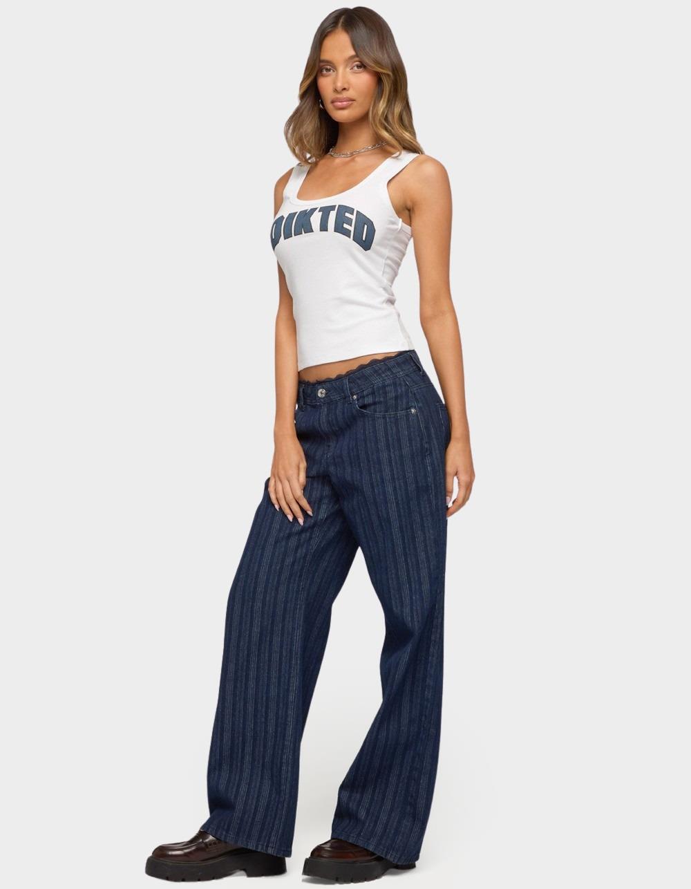 EDIKTED Lace Trim Striped Low Rise Baggy Jeans - BLUE