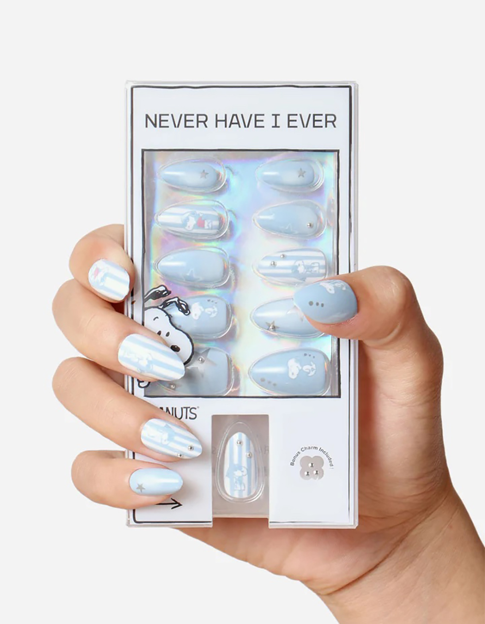 NEVER HAVE I EVER Stripes N Snoopy Short Almond Press-On Nails - BLUE