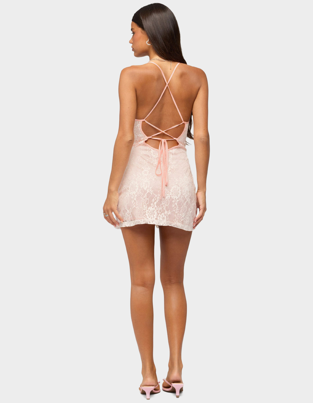 EDIKTED Vida Backless Sequin Lace Mini Dress - LIGHT PINK