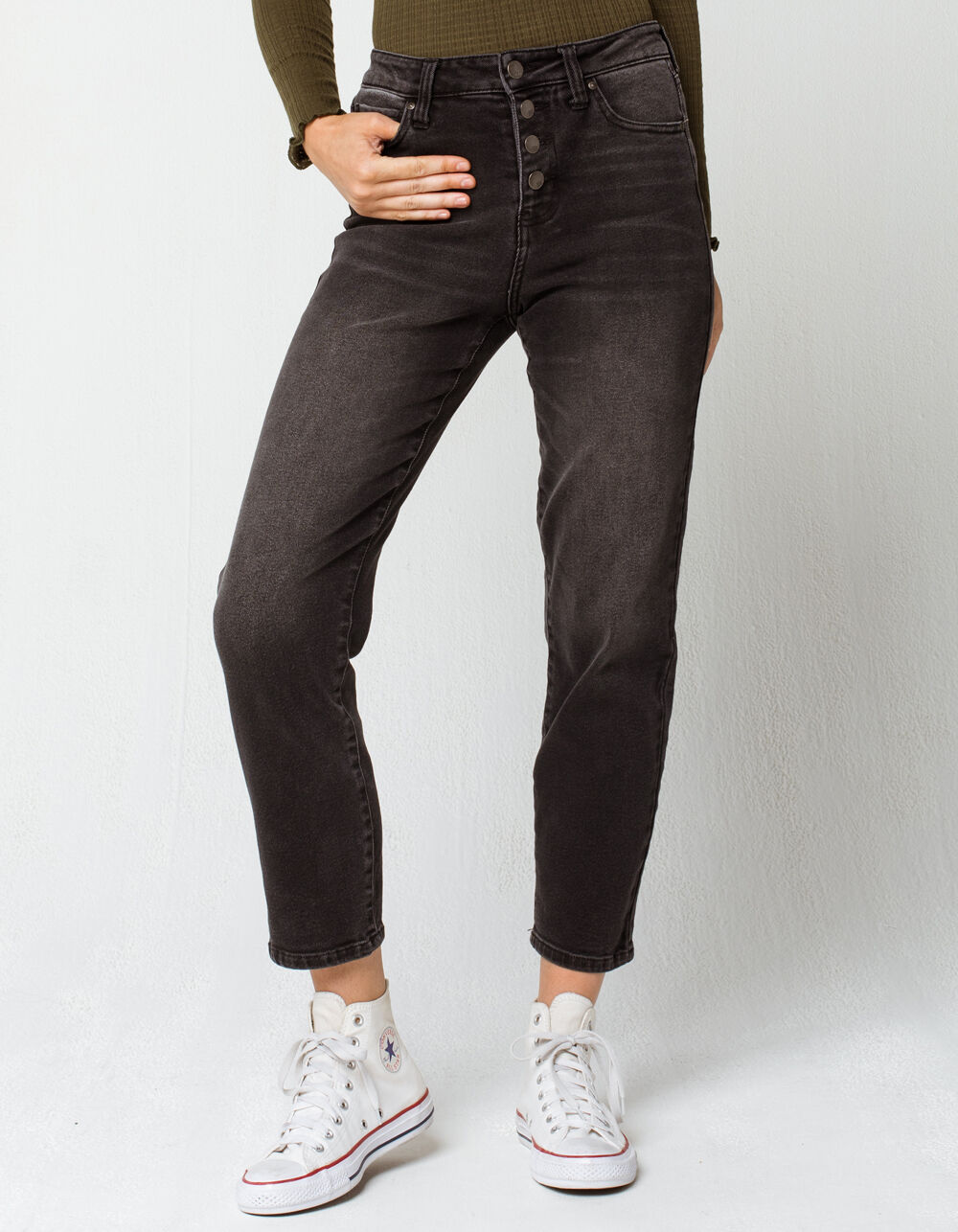 RSQ Exposed Button Womens Wash Black Jeans - WASH BLACK | Tillys