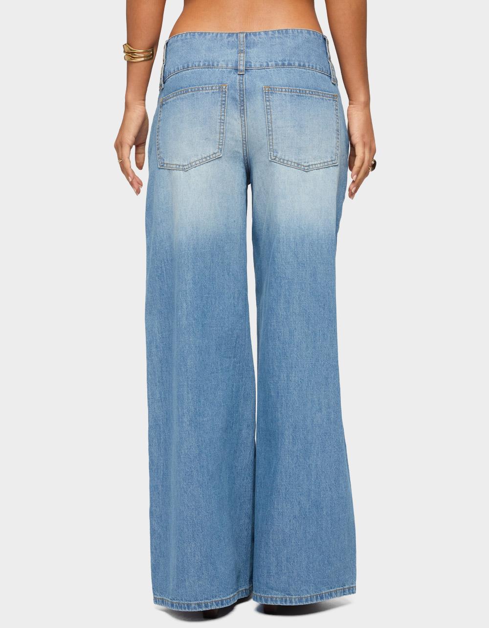 EDIKTED Wide Waistband Low Rise Baggy Jeans - LIGHT BLUE