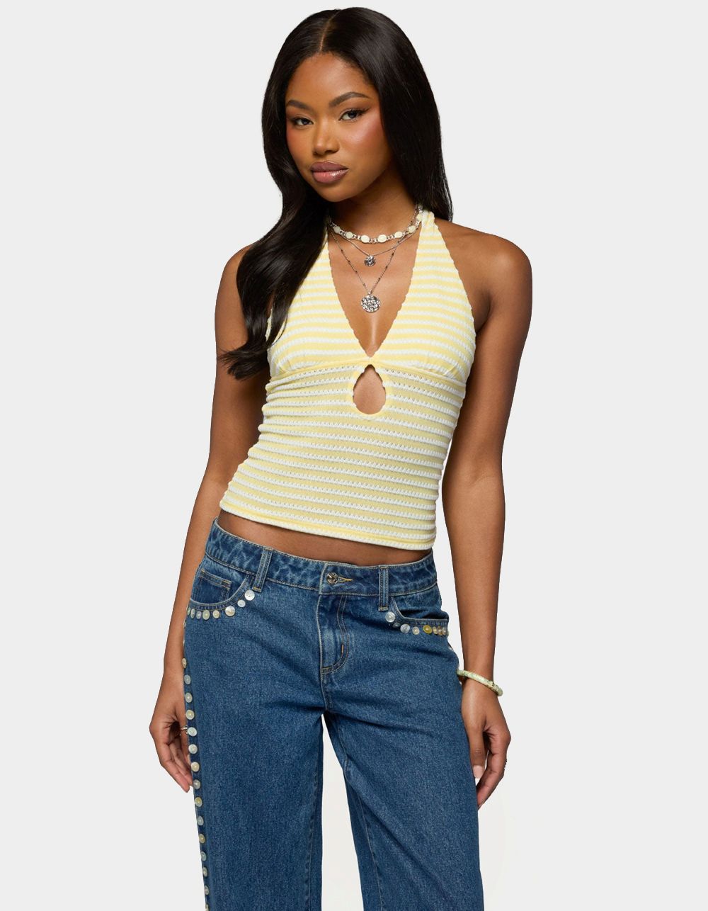 EDIKTED Maylah Keyhole Striped Textured Halter Top - YELLOW