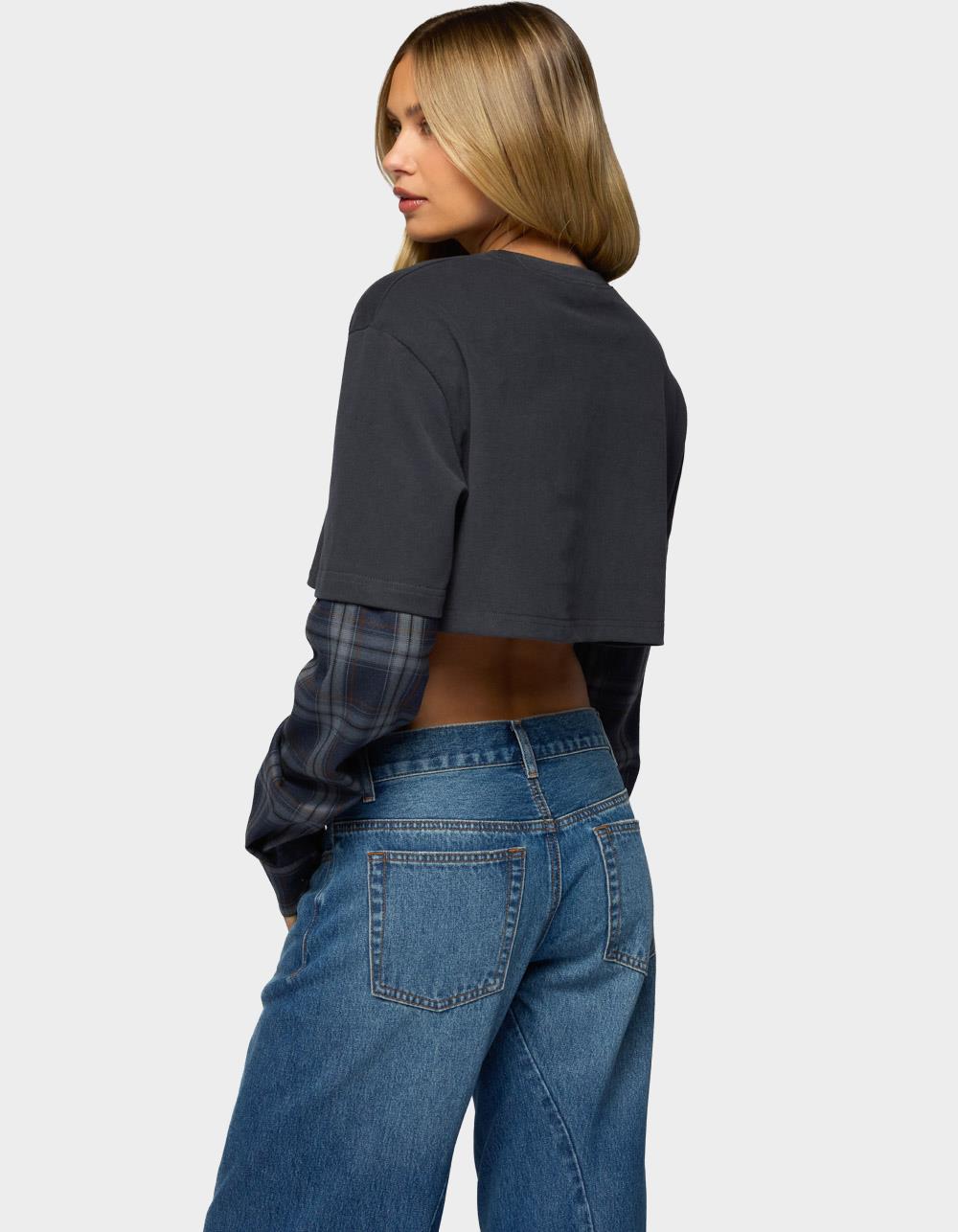 EDIKTED Plaid Sleeves Layered Crop Top - BLACK