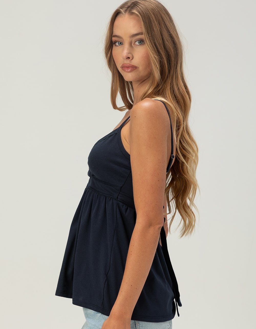 MADDEN GIRL Womens Babydoll Top - NAVY