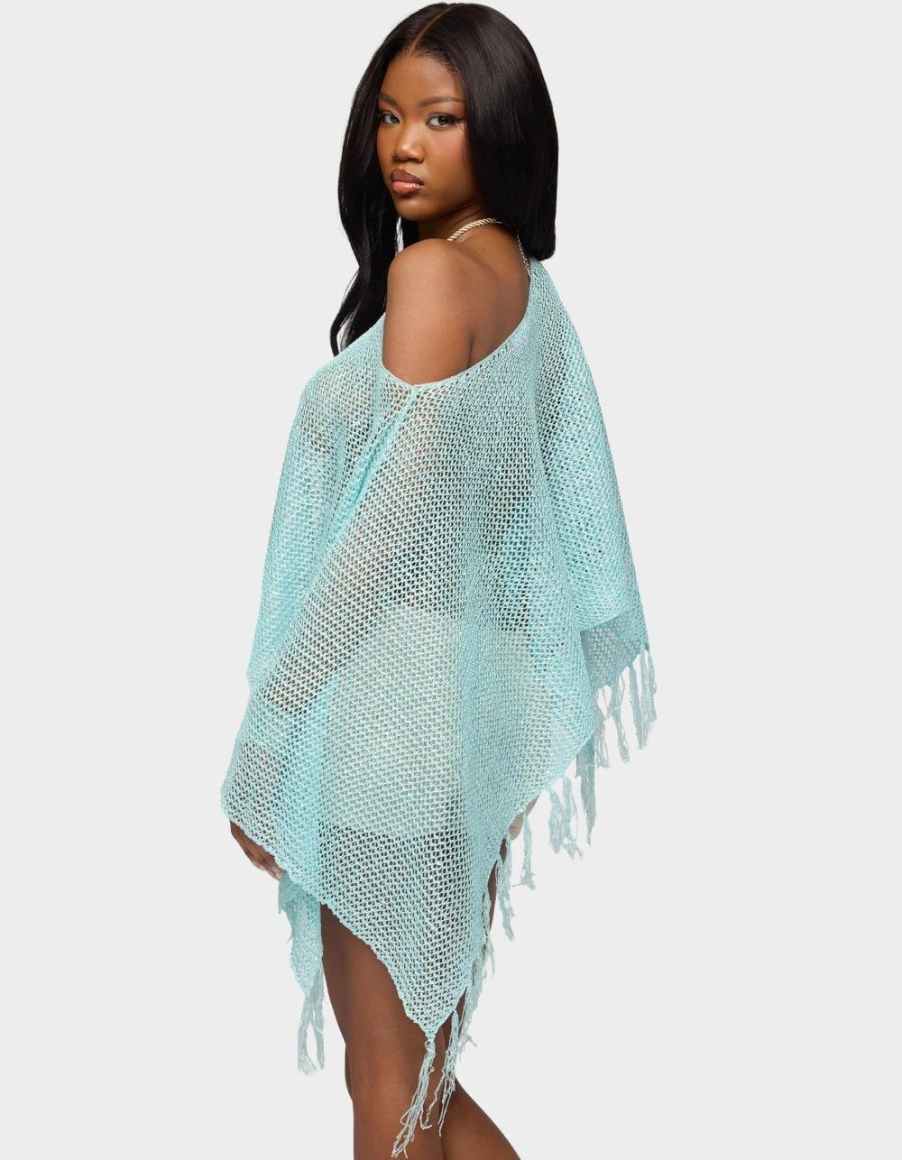 EDIKTED Sequin Fringe Knit Poncho - LIGHT BLUE