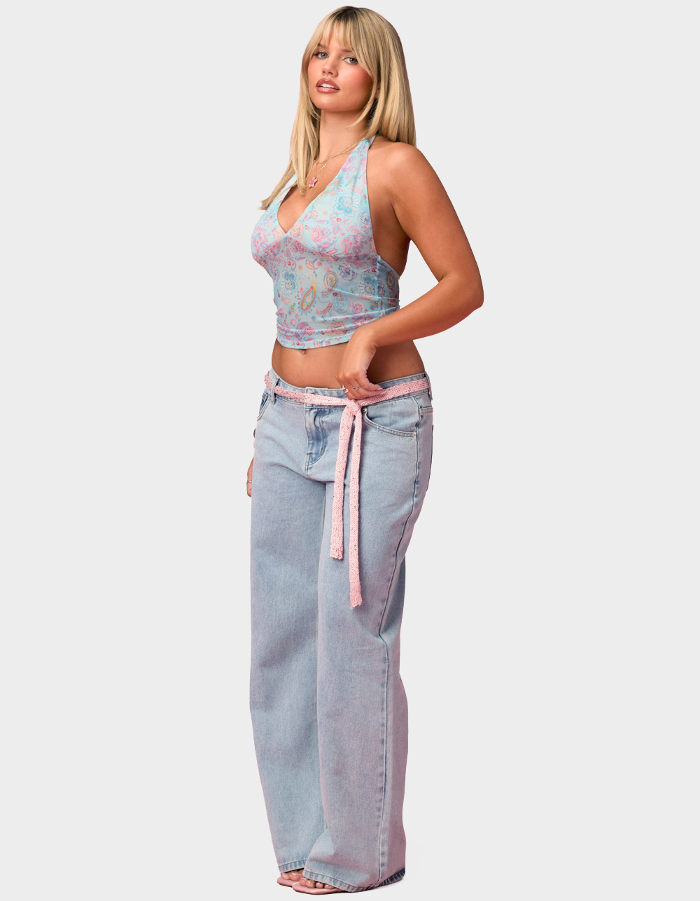 EDIKTED Barbie™ Fever Paisley Mesh Halter Top - LIGHT BLUE