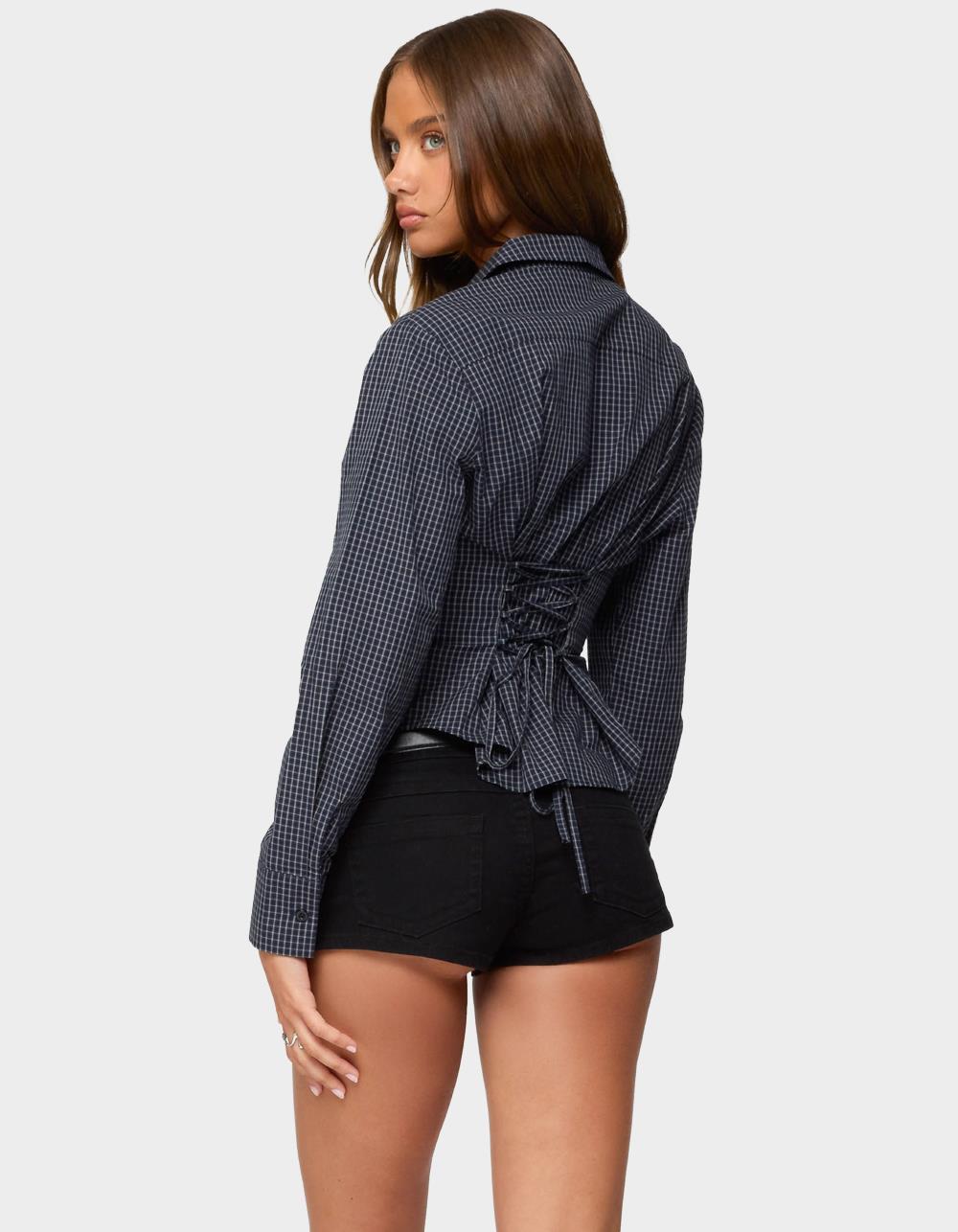 EDIKTED Lisbet Checkered Button Up Shirt - NAVY