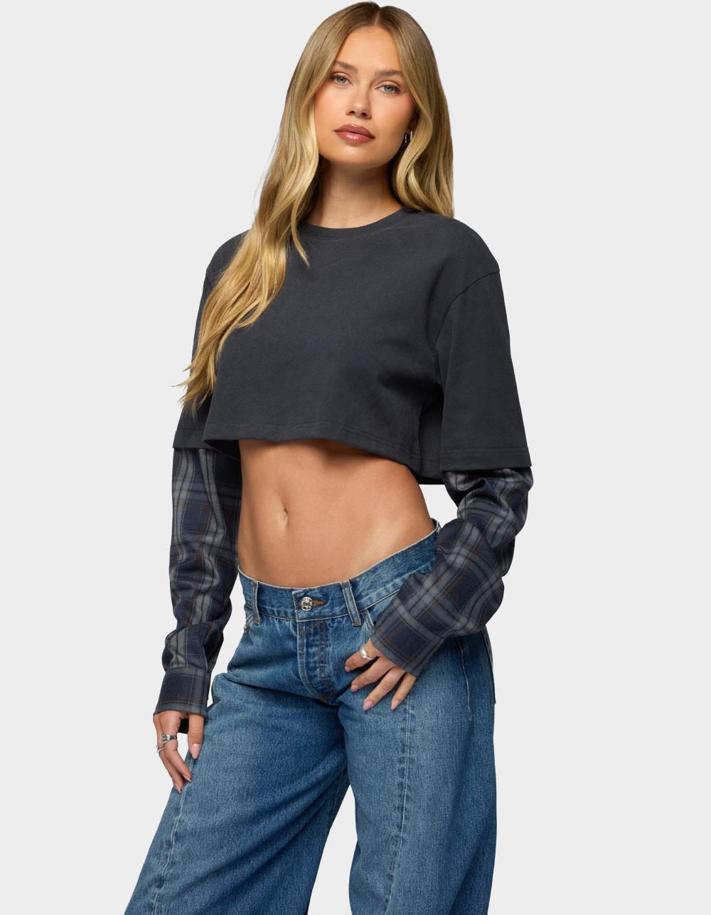 EDIKTED Plaid Sleeves Layered Crop Top - BLACK