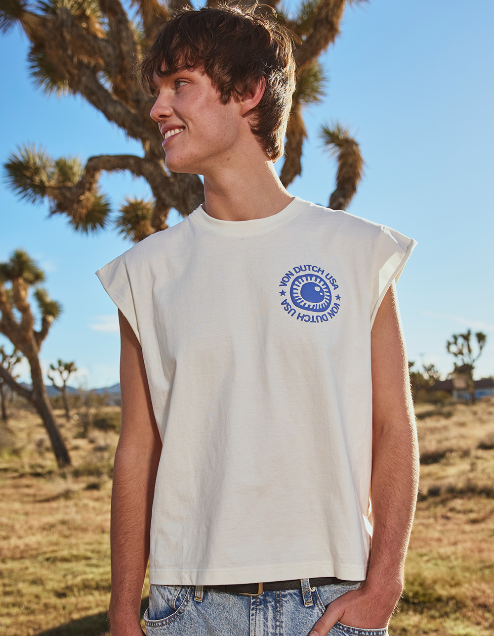 VON DUTCH Genuine Riders Mens Muscle Tee - OFF WHITE