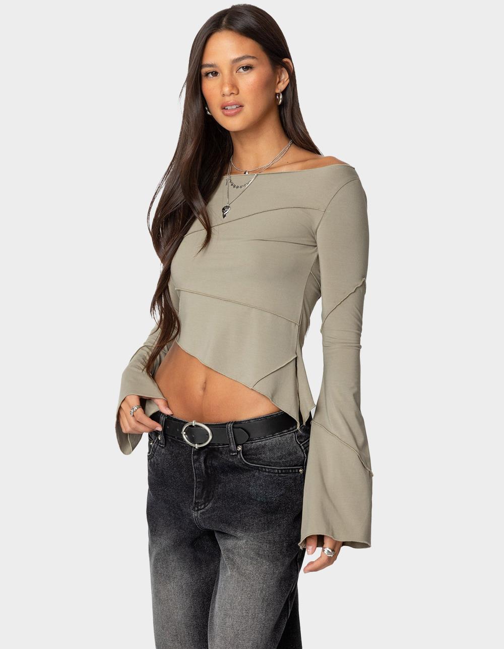 EDIKTED Maura Boat Neck Asymmetric Top - GREEN