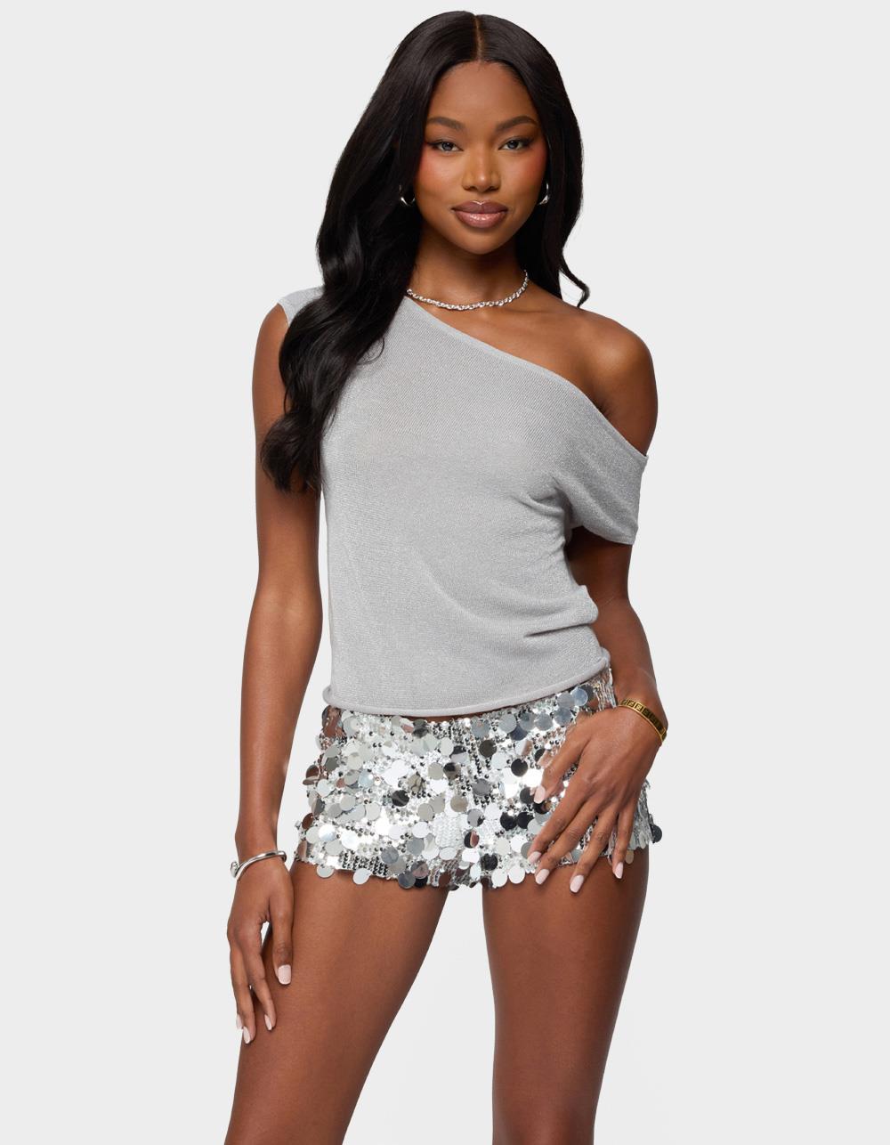 EDIKTED Holly Glitter Off Shoulder Top - SILVER