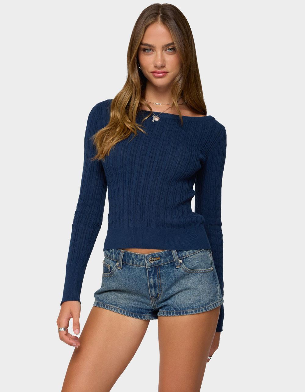 EDIKTED Larah Boat Neck Cable Knit Sweater - NAVY
