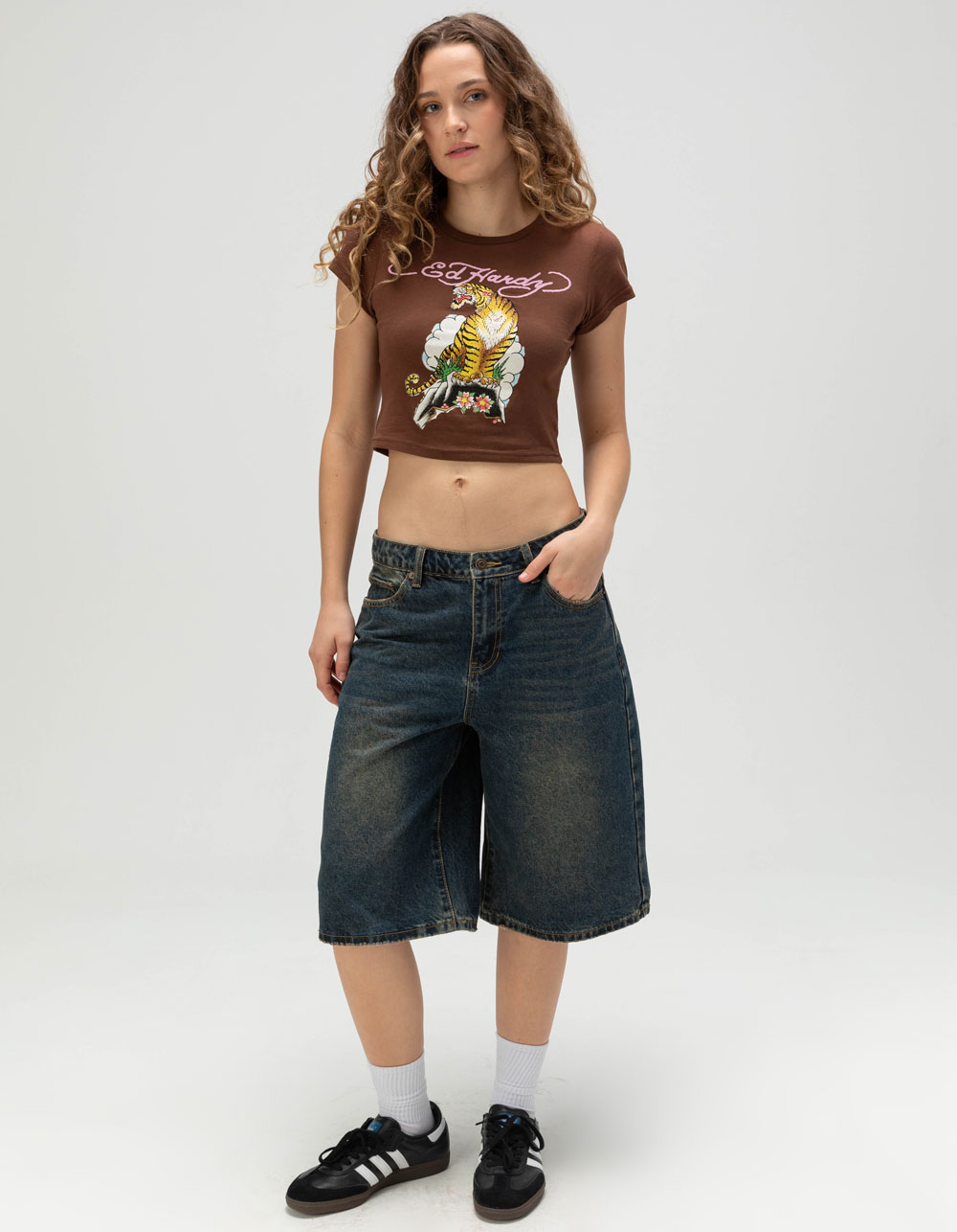 ED HARDY Rhinestone Tiger Womens Baby Tee - BROWN