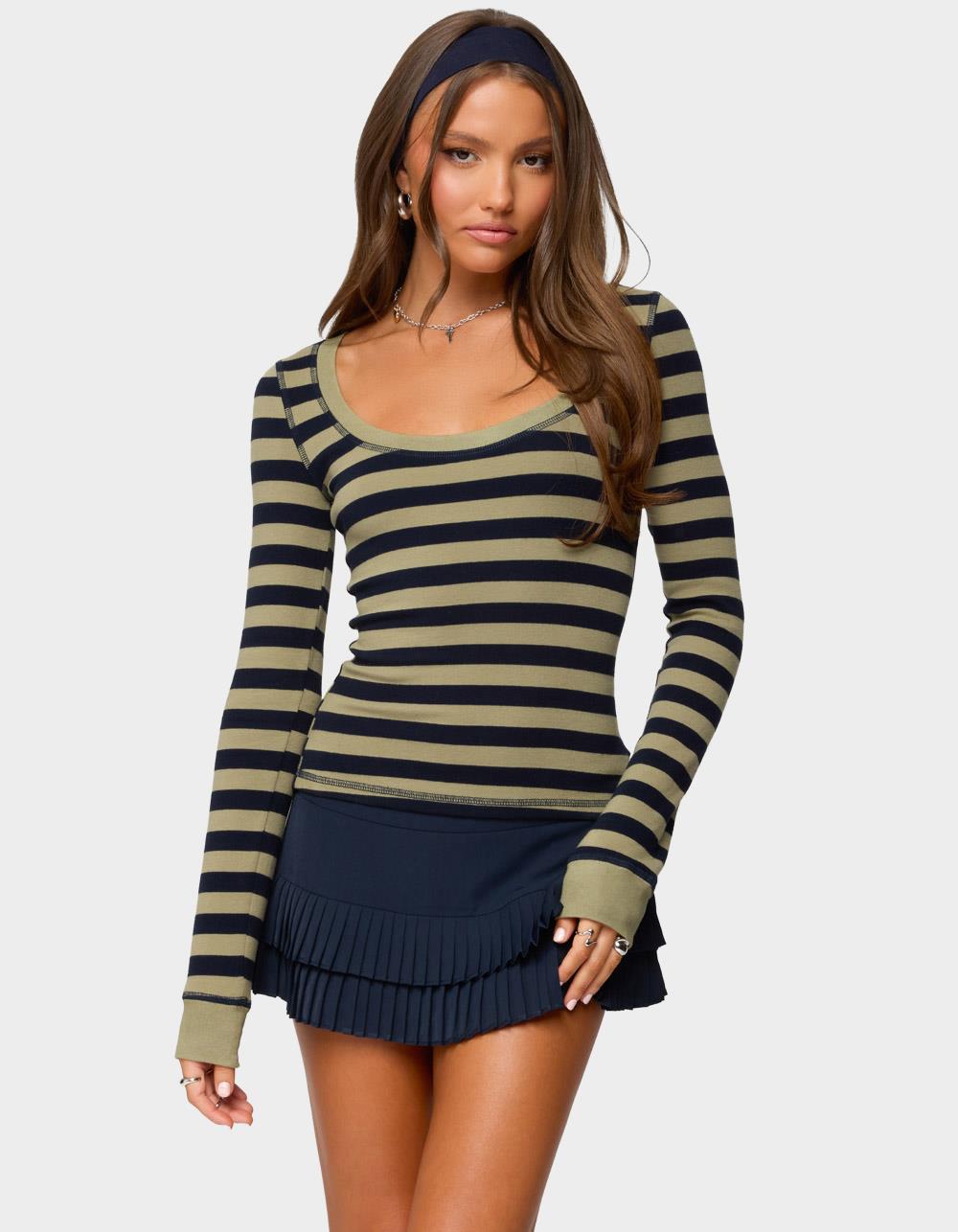 EDIKTED Rainey Striped Long Sleeve Top - DK GREEN