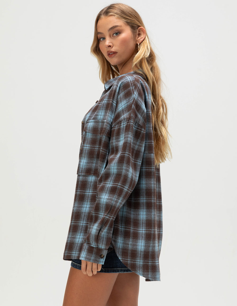 ACOA Womens Oversized Flannel - BROWN/BLUE