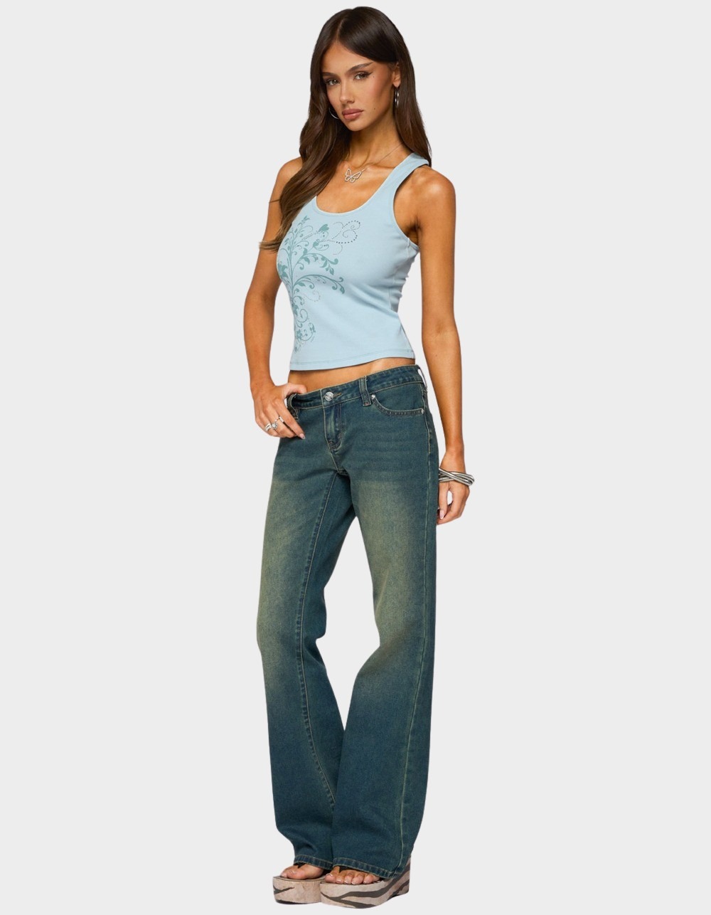 EDIKTED Veila Rhinestone Ribbed Graphic Tank Top - LIGHT BLUE