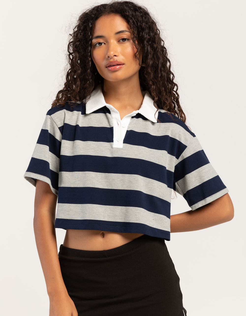 Women Yellow & Navy Rib Stripe Polo Neck Top