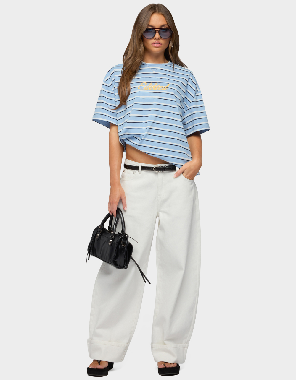 EDIKTED Chill Girl Striped Oversized Tee - LIGHT BLUE