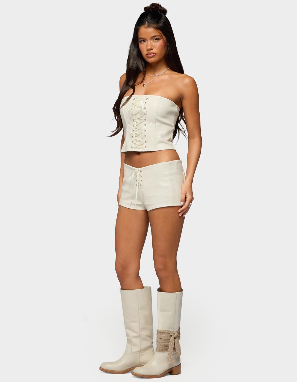 EDIKTED Wilde Lace Up Faux Leather Shorts - WHITE