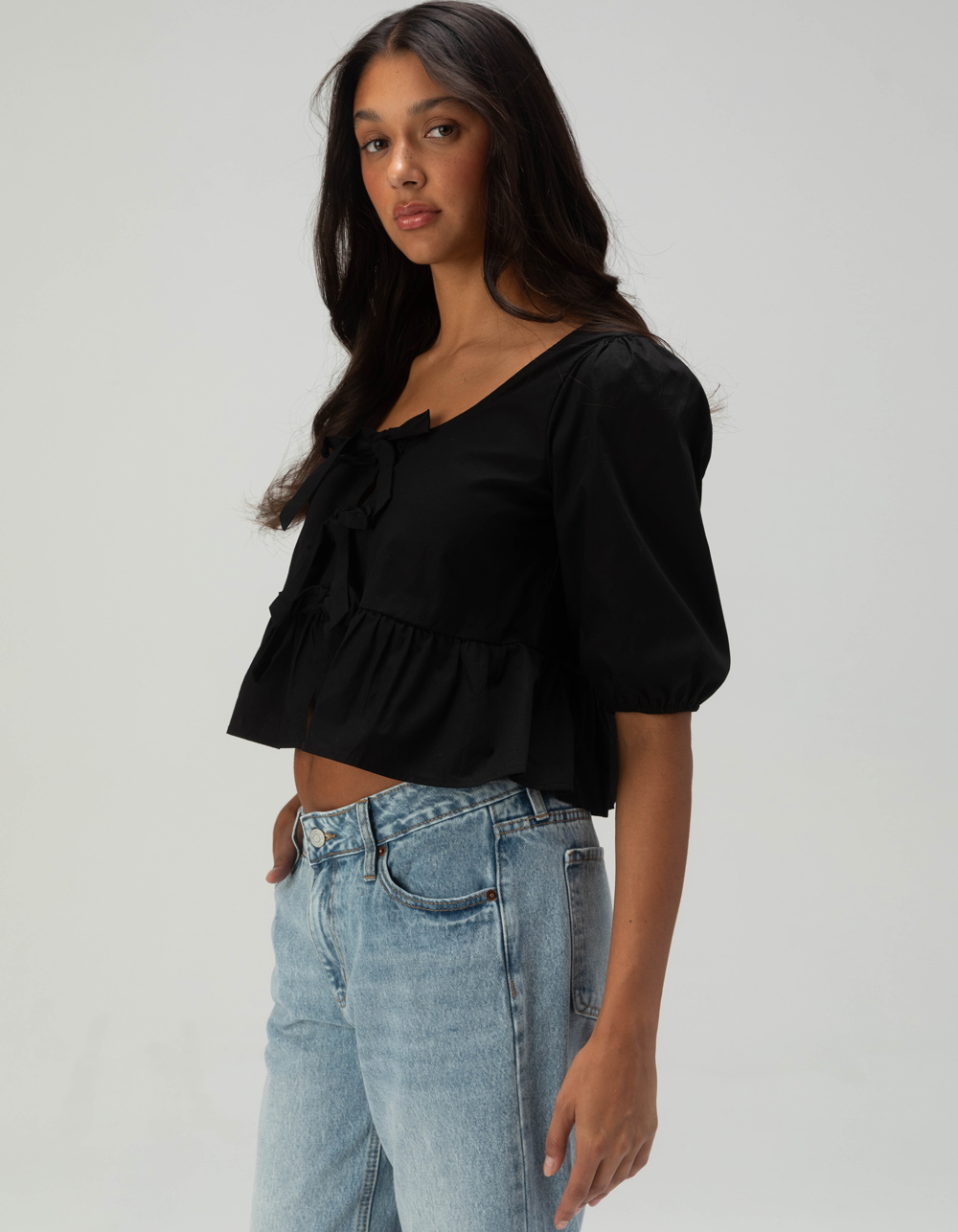 RSQ Womens Triple Tie Scoop Neck Babydoll Top - BLACK