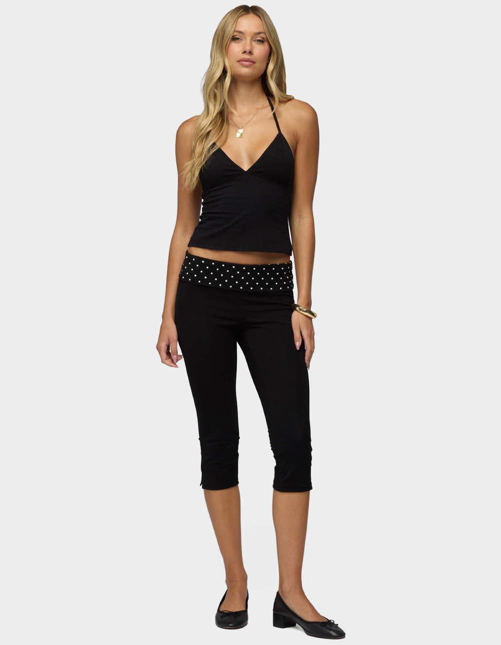 EDIKTED Genni Polka Dot Foldover Capri Pants - BLACK