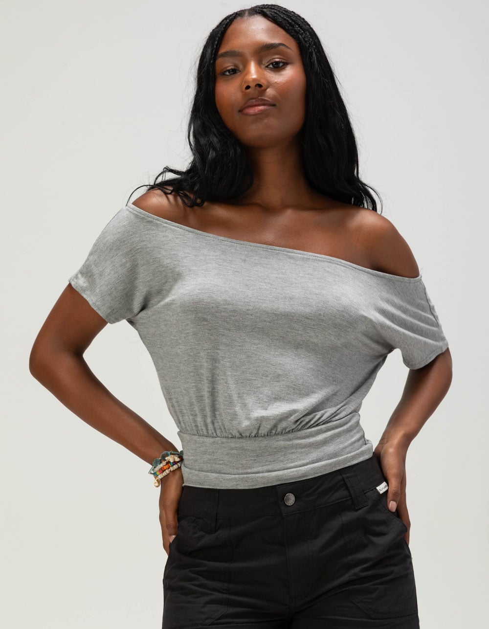 FULL TILT Womens Off The Shoulder Banded Bottom Top - HEATHER GRAY