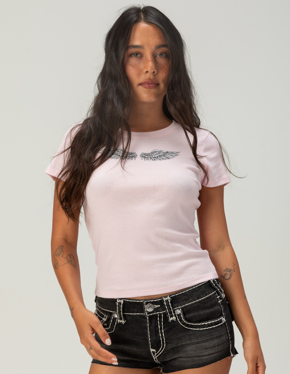 FULL TILT Rhinestone Wing Womens Baby Tee - PINK