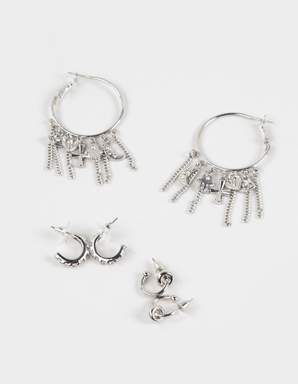 FULL TILT 3 Pack Evil Eye/Cross Charm Hoop Earrings - SILVER