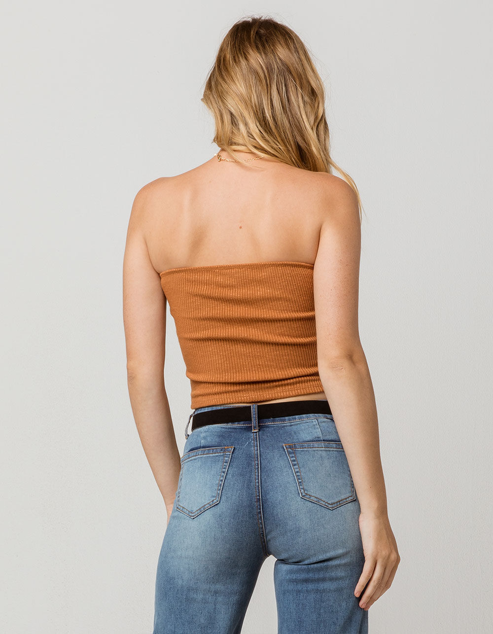 SKY AND SPARROW Ribbed Button Front Camel Womens Tube Top image number 2