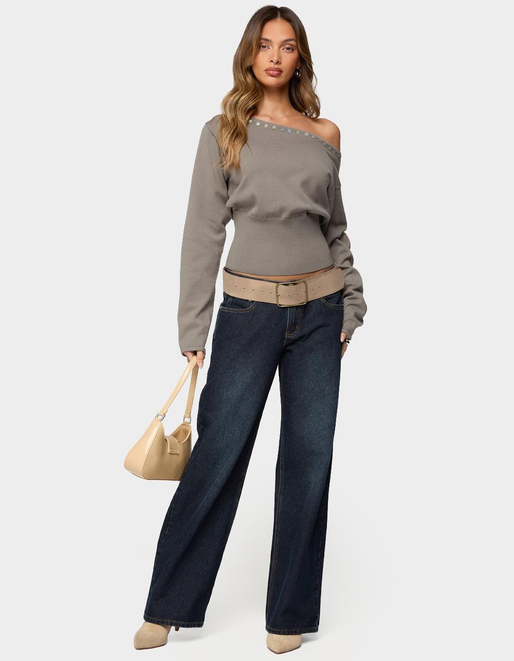 EDIKTED Carmela Iridescent Button Off Shoulder Sweater - DK GREEN