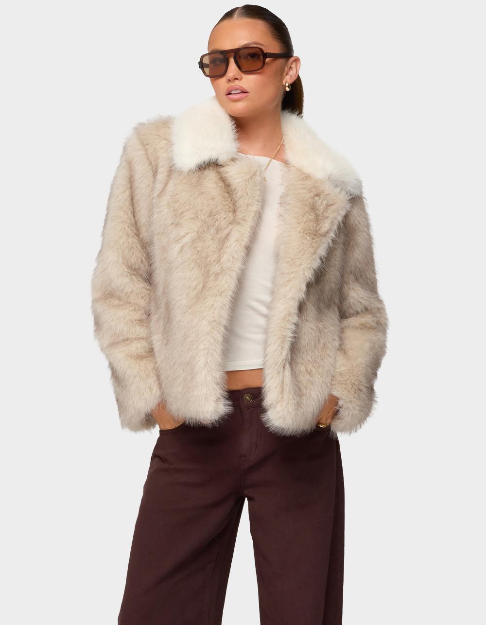 EDIKTED Contrast Collar Faux Fur Jacket - BROWN