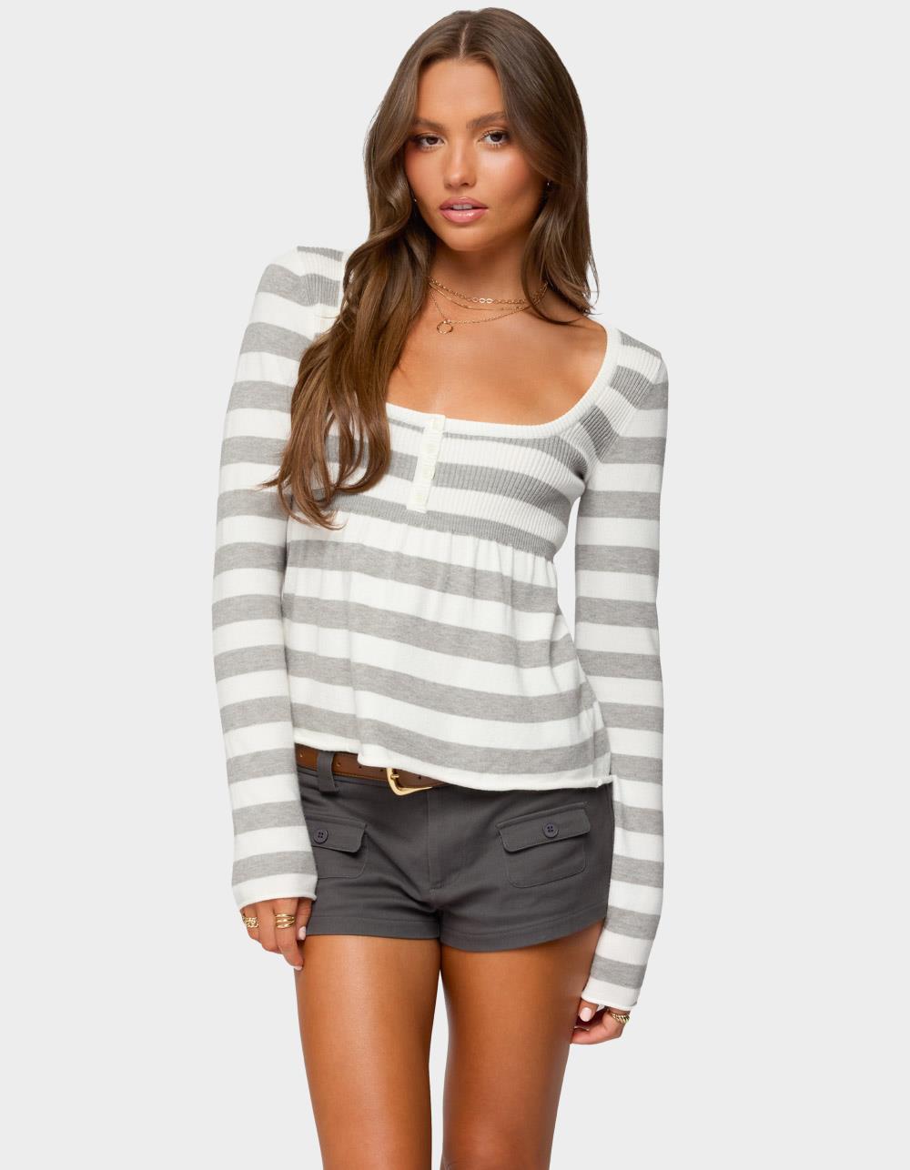 EDIKTED Lockie Striped Knit Babydoll Top - GRAY