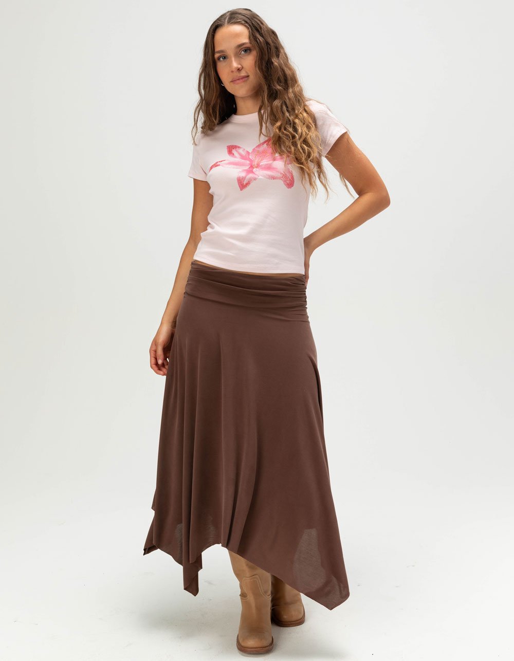 FULL TILT Hibiscus Beaded Womens Baby Tee - PINK