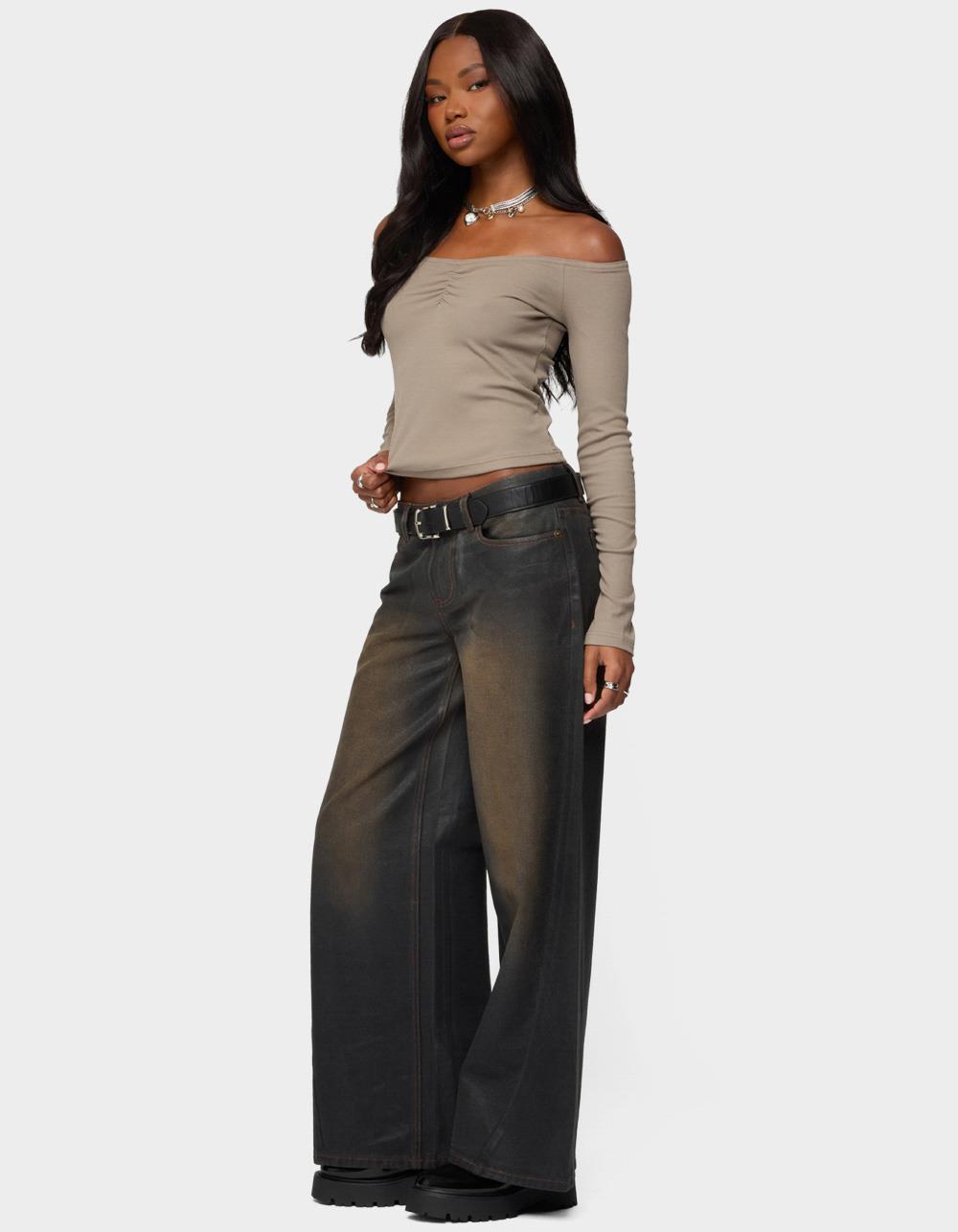 EDIKTED Cambria Ribbed Off Shoulder Top - BROWN