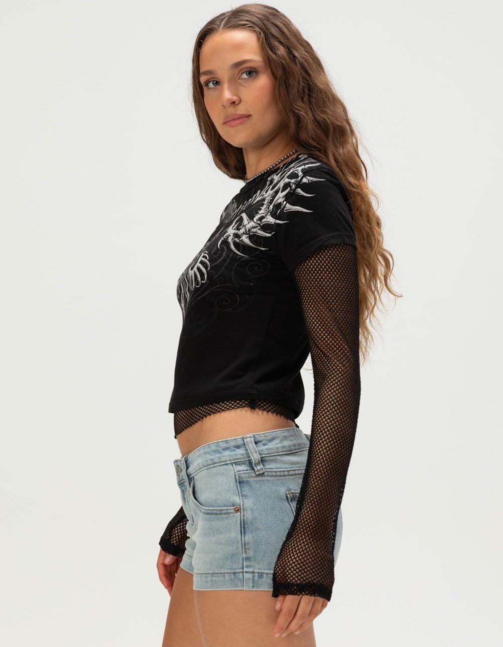 AFFLICTION Skeleton Womens Crop Long Sleeve 2fer Tee - BLACK