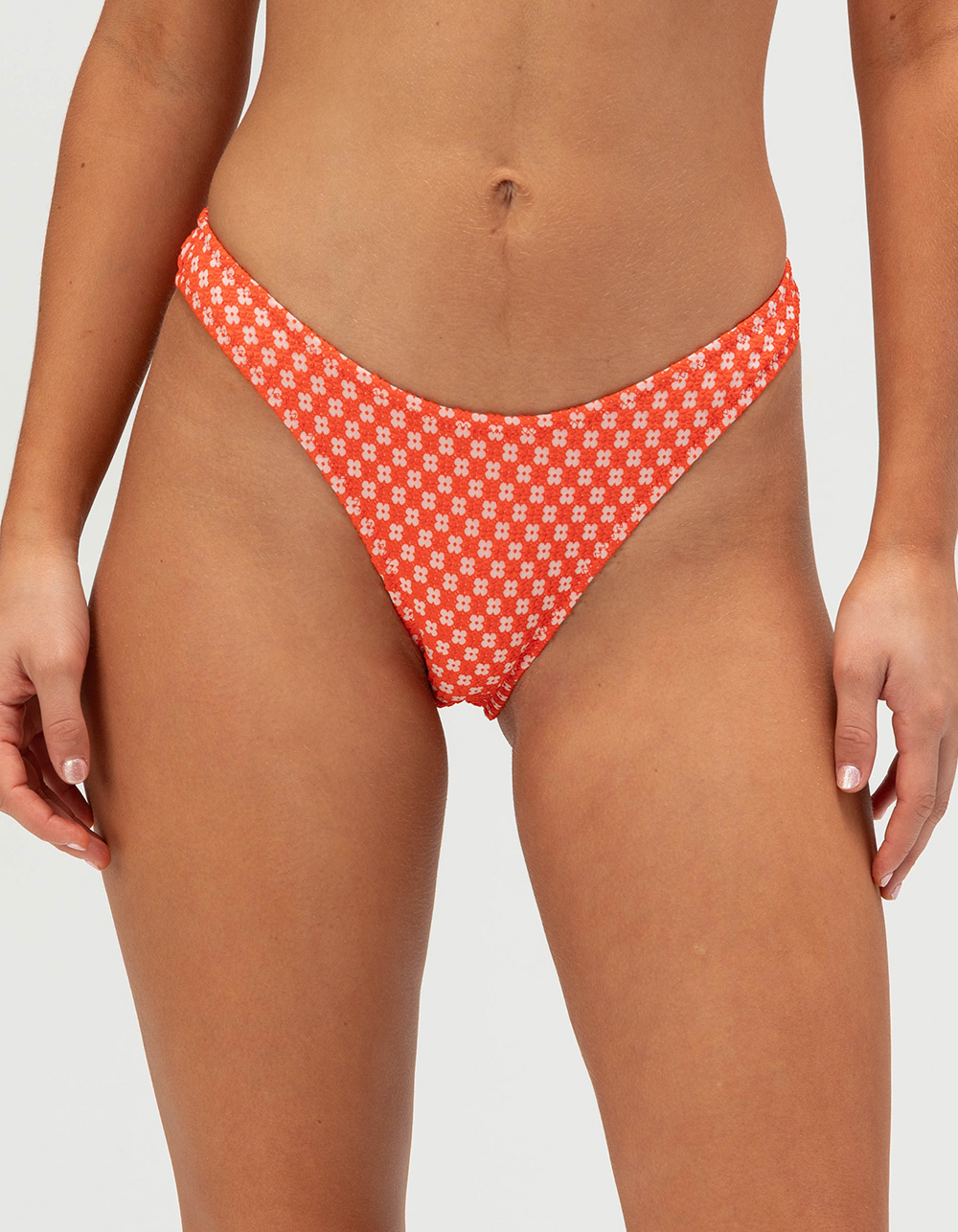 ROXY Flower Texture High Leg Bikini Bottoms - RED
