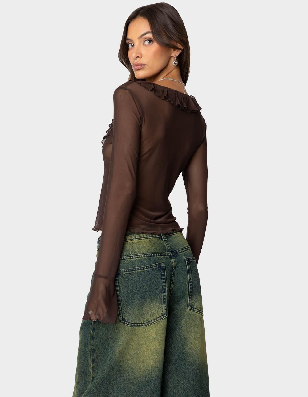 EDIKTED Sheer Mesh Ruffled Top - BROWN