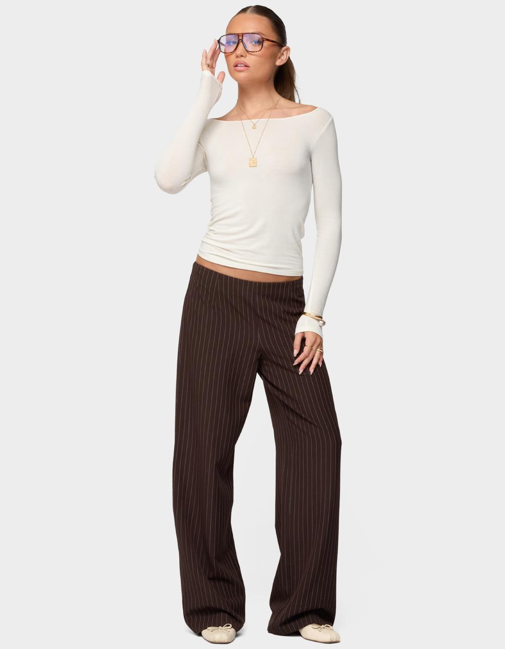 EDIKTED Kerie Pinstripe Low Rise Pants - BROWN